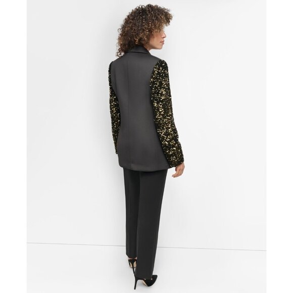 DKNY Women's Sequinned-Sleeve Single-Button Blazer Black Gold Size 6 MSRP $169 - Picture 5 of 5